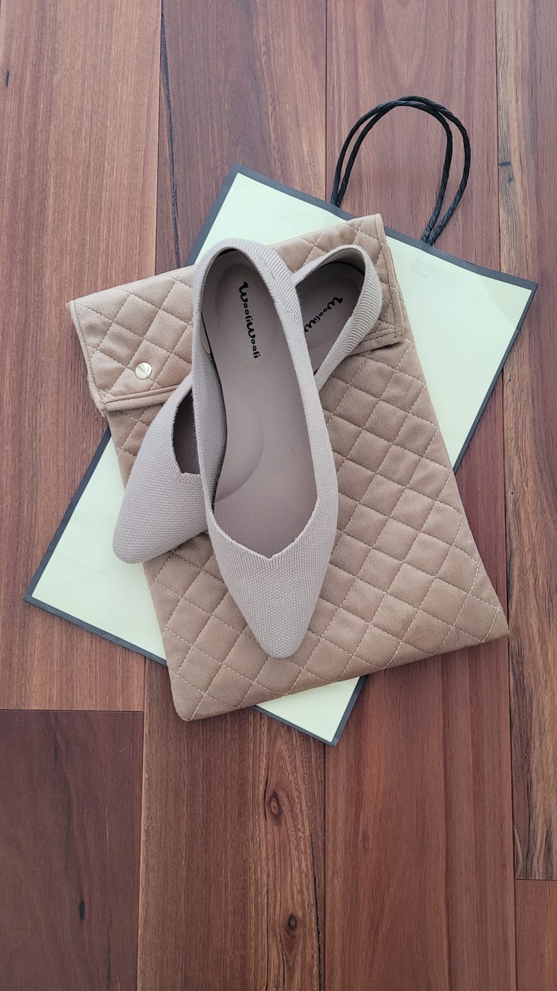 Customer photo review of The Adelaide V-Cut Wool Flat | Apricot Beige
