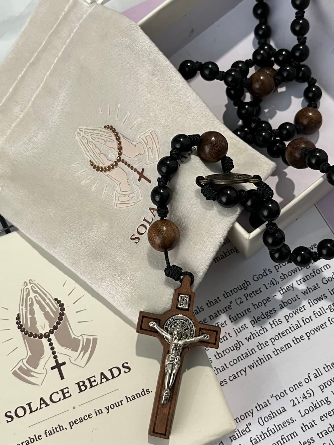 Customer photo review of SolaceBeads Black Sacred Ebony Beads with St. Benedict Centerpiece Rosary