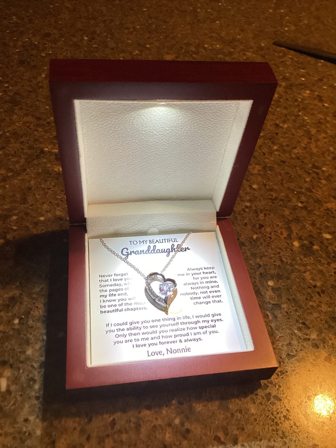 Customer photo review of Gift for Granddaughter from Grandpa Forever Love Necklace with Message