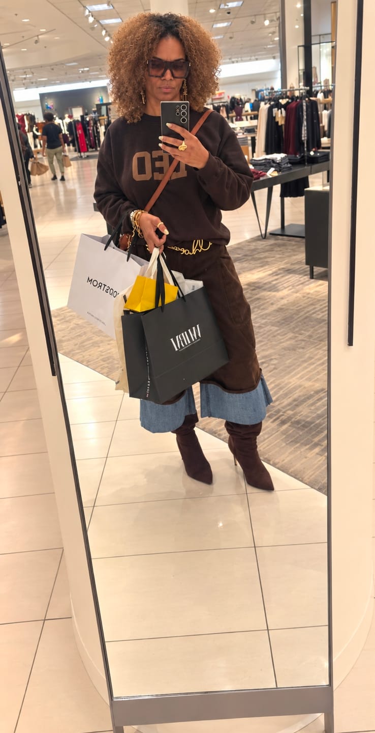 Customer photo review of Chocolate Zodiac Puff Print Crewneck