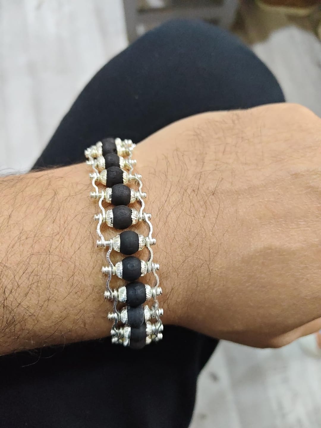 Customer photo review of Silver Plated Karungali Modern Bracelet - Natural Ebony Wood