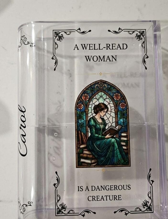 Customer photo review of Personalized A Well-read Woman Is A Dangerous Creature Acrylic Book Vase Book Lover Gift