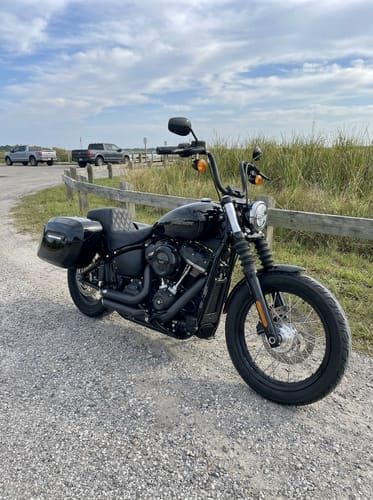 Customer photo review of 40L - Lamellar Raven Extra Large Painted Motorcycle Hard Saddlebags for Harley Softail Street Bob FXBB/S