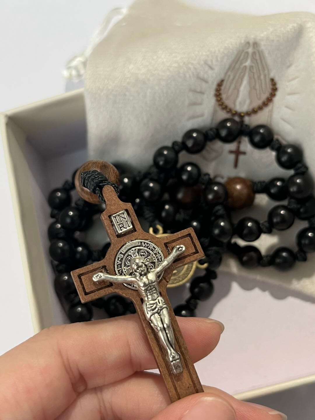 Customer photo review of SolaceBeads Black Sacred Ebony Beads with St. Benedict Centerpiece Rosary