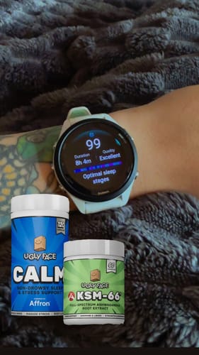 Customer's Sleep and Stress Stack products, Calm and KSM-66, shown with a watch tracking excellent sleep quality.