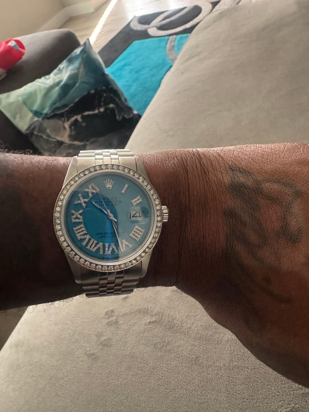 Customer photo review of Rolex Datejust 36MM 1601 Turquoise Roman Diamond Dial Diamond Bezel Stainless Steel Jubilee Bracelet