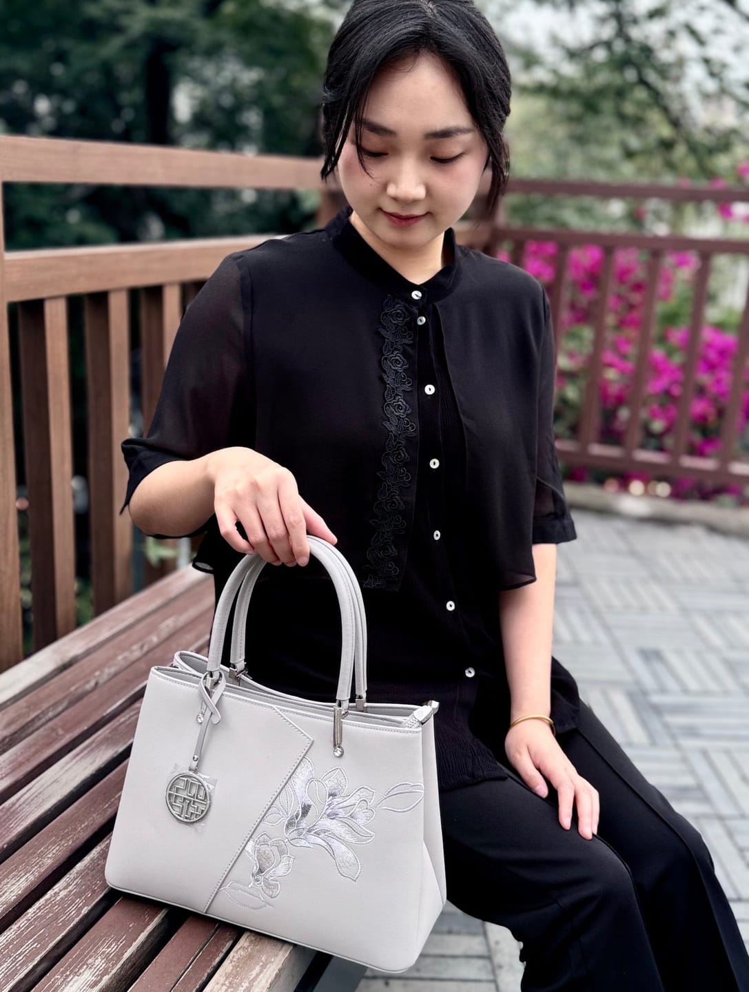 Customer photo review of Tang Red 30 Embroidered Magnolia Tote