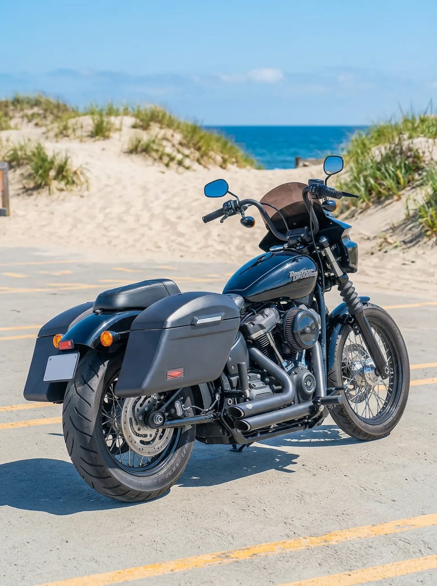 Customer photo review of 44L - Lamellar Stallion Extra Large Leather Covered Motorcycle Hard Saddlebags for Harley Softail Street Bob FXBB/S