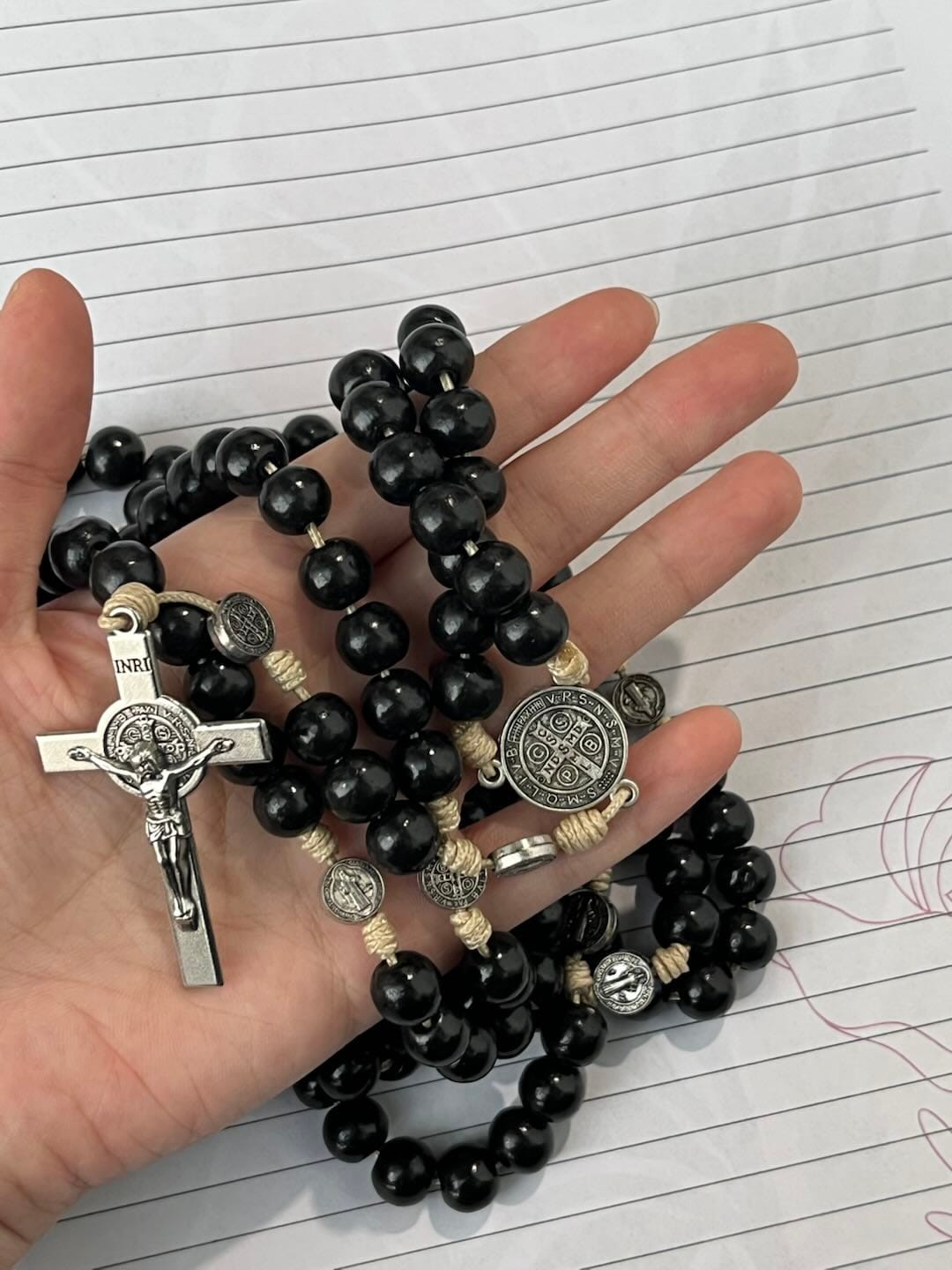 Customer photo review of SolaceBeads 15/20 Decade Ebony Wood Rosary With St. Benedict Medals & Crucifix: Protective Strength