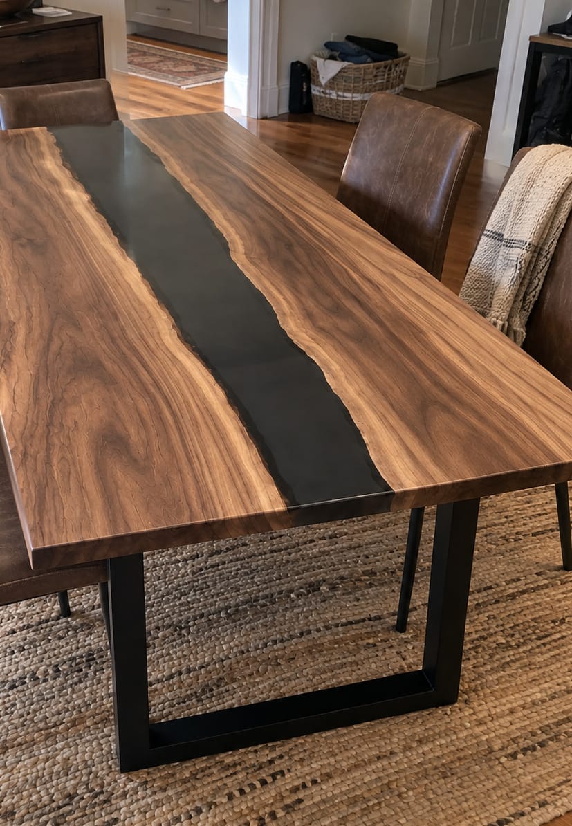 Customer photo review of Walnut Wood Black Epoxy Resin River Dining Table