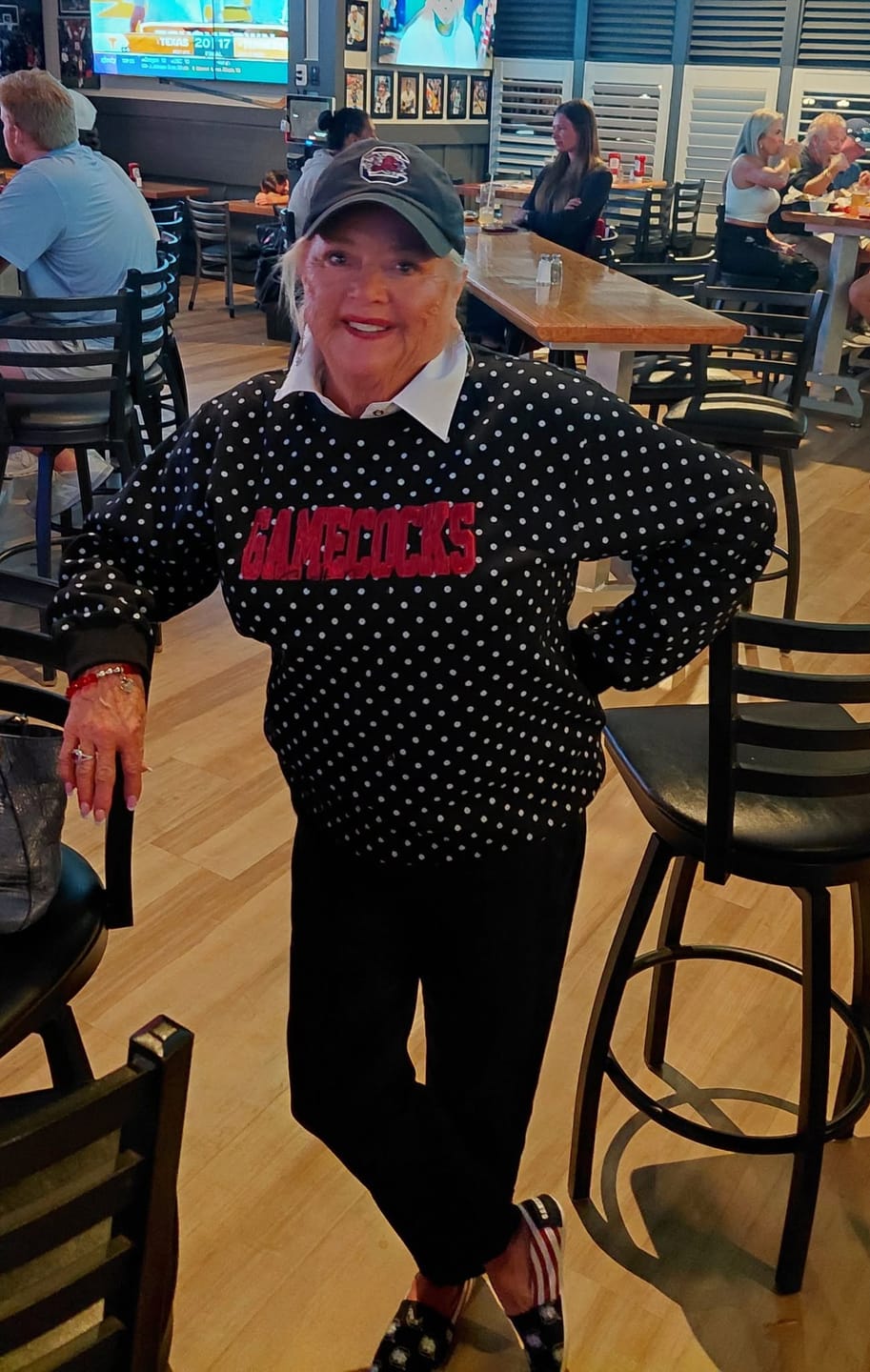 Customer photo review of Custom Patchwork Fabric Embroidered Polka Dot Sweatshirt Team and School Name Applique Varsity Letters | Game Day Wear