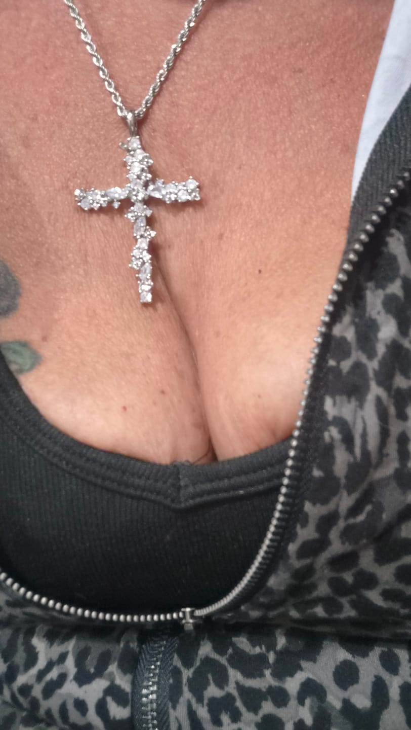 Customer photo review of FREE Today: Ornate Crystal Floral Cross Pendant Necklace: Token of Divine Shelter