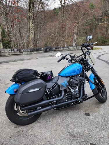 Customer photo review of 32L - Darkin Large Quick Mount Leather Wrapped Hard Saddlebags for Harley Softail Street Bob FXBB/S