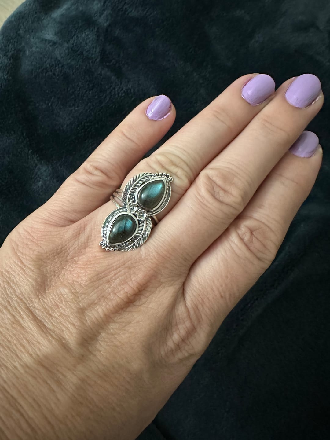 Customer photo review of Sterling Southwestern Style Teardrop Labradorite Leaves Decorated Ring Size 10 For Women
