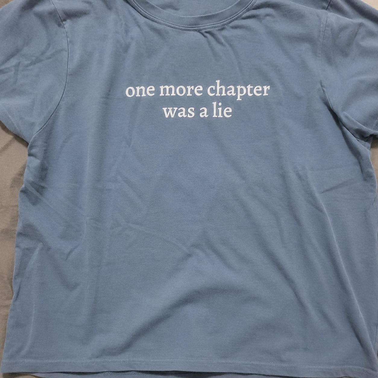 Customer photo review of One More Chapter Was A Lie Embroidered Comfort Colors T-Shirt | Book Lover Gift