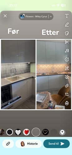 Reviewer's before and after photos showing a kitchen wall updated with Clara grønn selvklebende fliser.