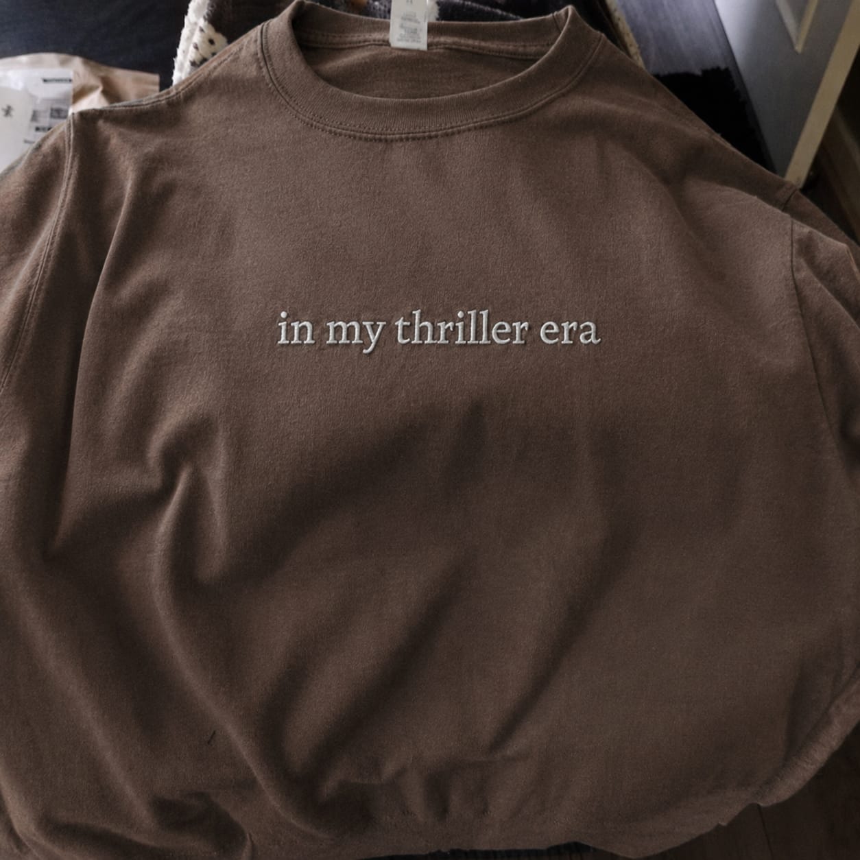 Customer photo review of In My Thriller Era Embroidered Comfort Colors T-Shirt | Book Lover Gift