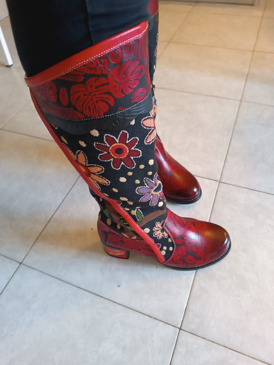 Customer photo review of Bohemian Leather Block Heel Long Boots Exotic Pattern