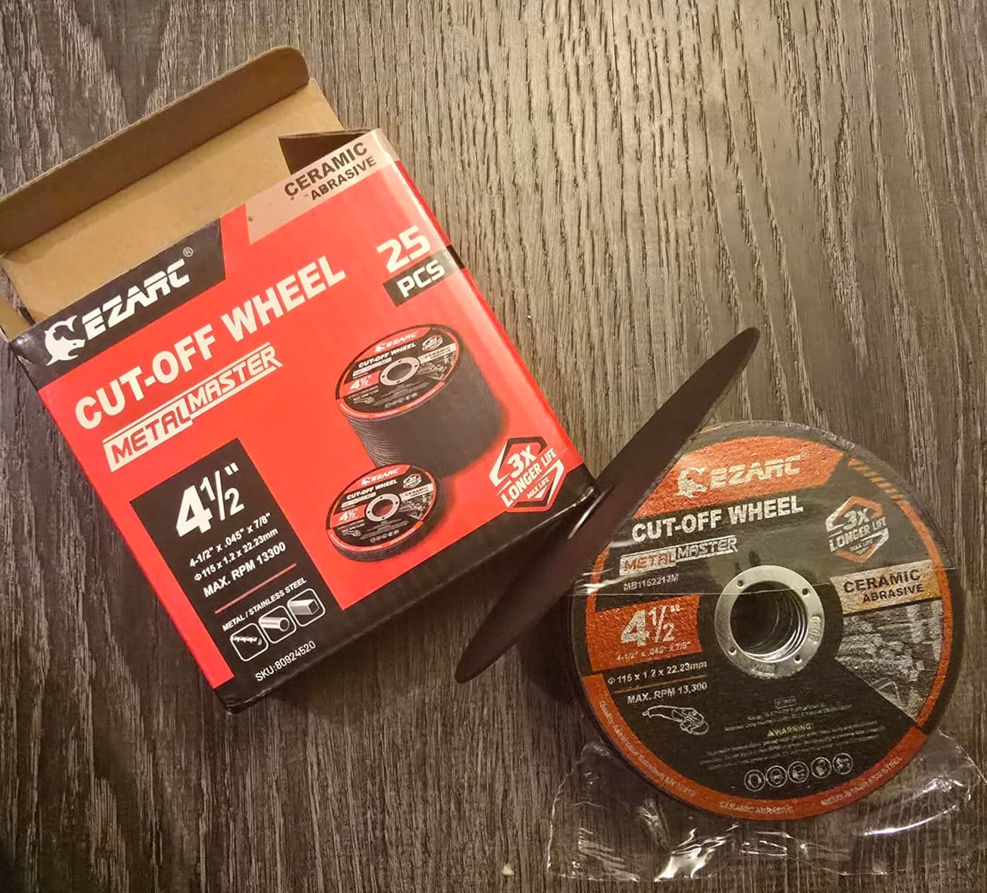 Customer photo review of 4.5" Ceramic Cut-Off Wheels 25-Pack for Stainless Steel, Titanium, Steel & Alloys