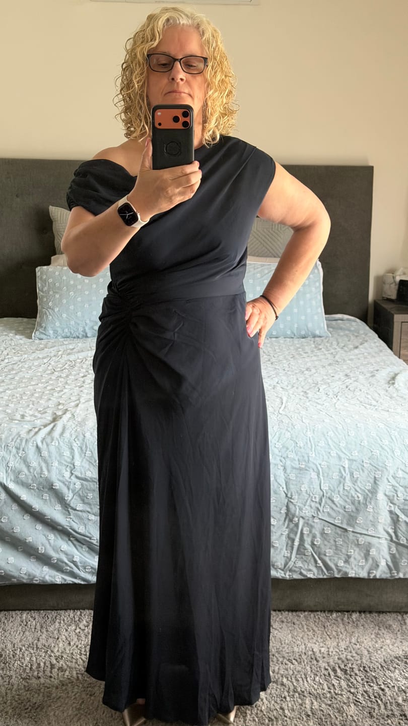 Customer photo review of Marielle Off Shoulder Maxi Dress in Navy Chiffon