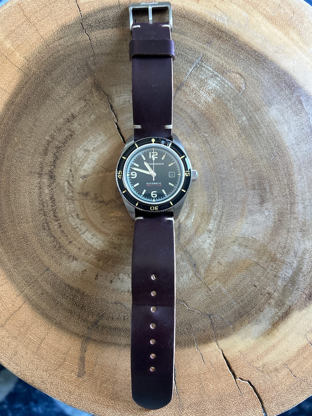 Customer photo review of Horween Burgundy Color 8 Shell Cordovan Leather Watch Strap, Natural Thread