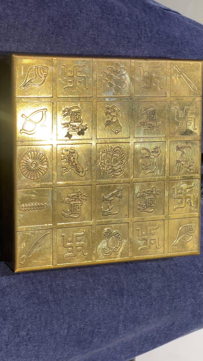 Customer photo review of Brass Manjusha Yantra Box with Partition – Vastu Remedy for Brahmasthan Correction | 16-Compartment Energy Organizer with 45 Devta Symbols | 5 & 9 Inch Sizes