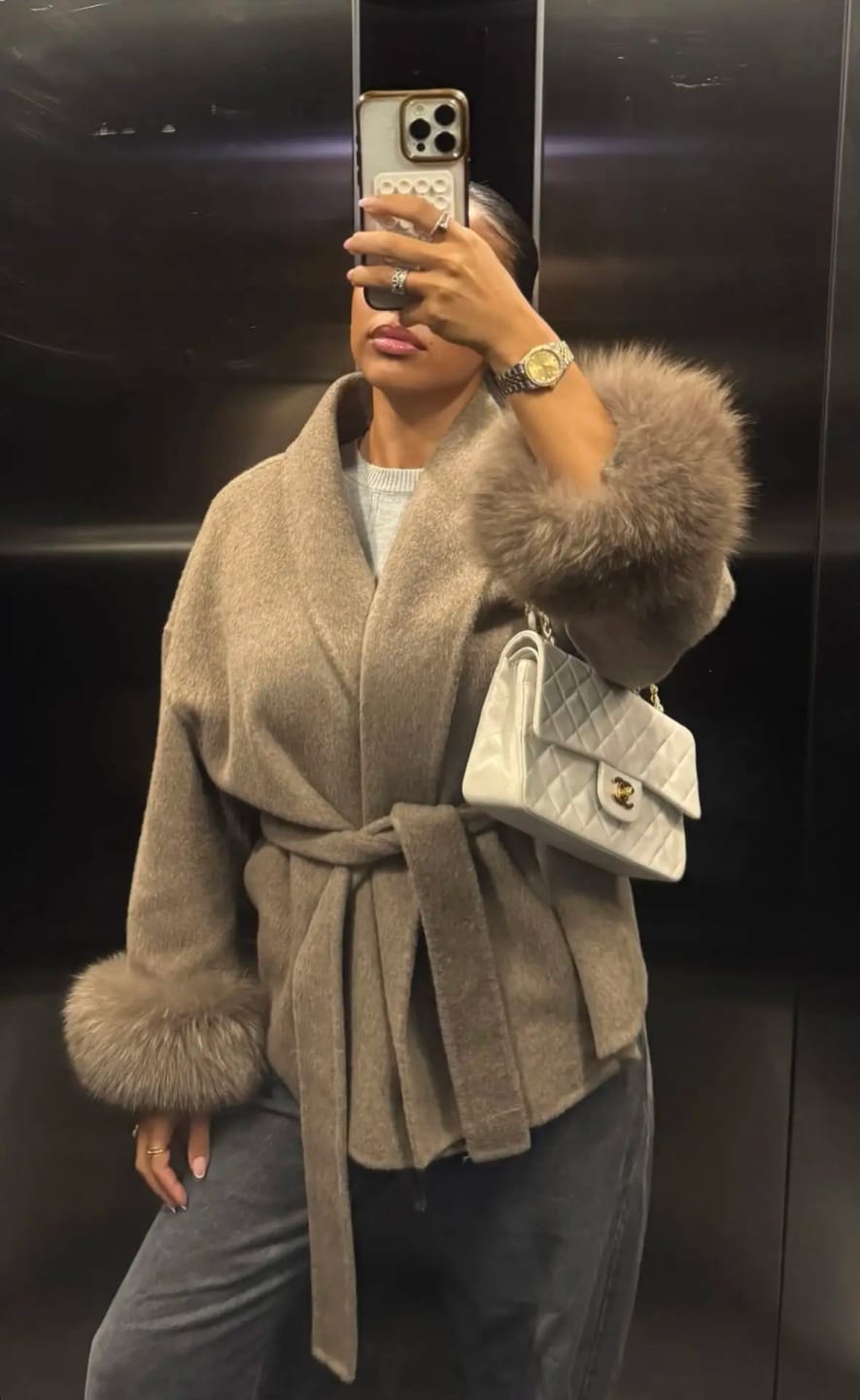 Customer photo review of Natalie Fur Cuff Belted Wrap Coat