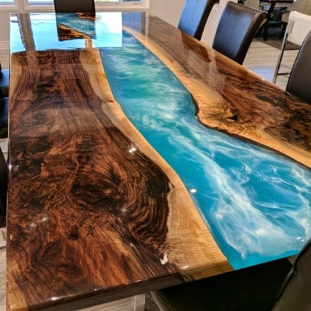 Customer photo review of Natural Live Edge Black Walnut Dining Table with Layered Blue Epoxy Resin | DT-48