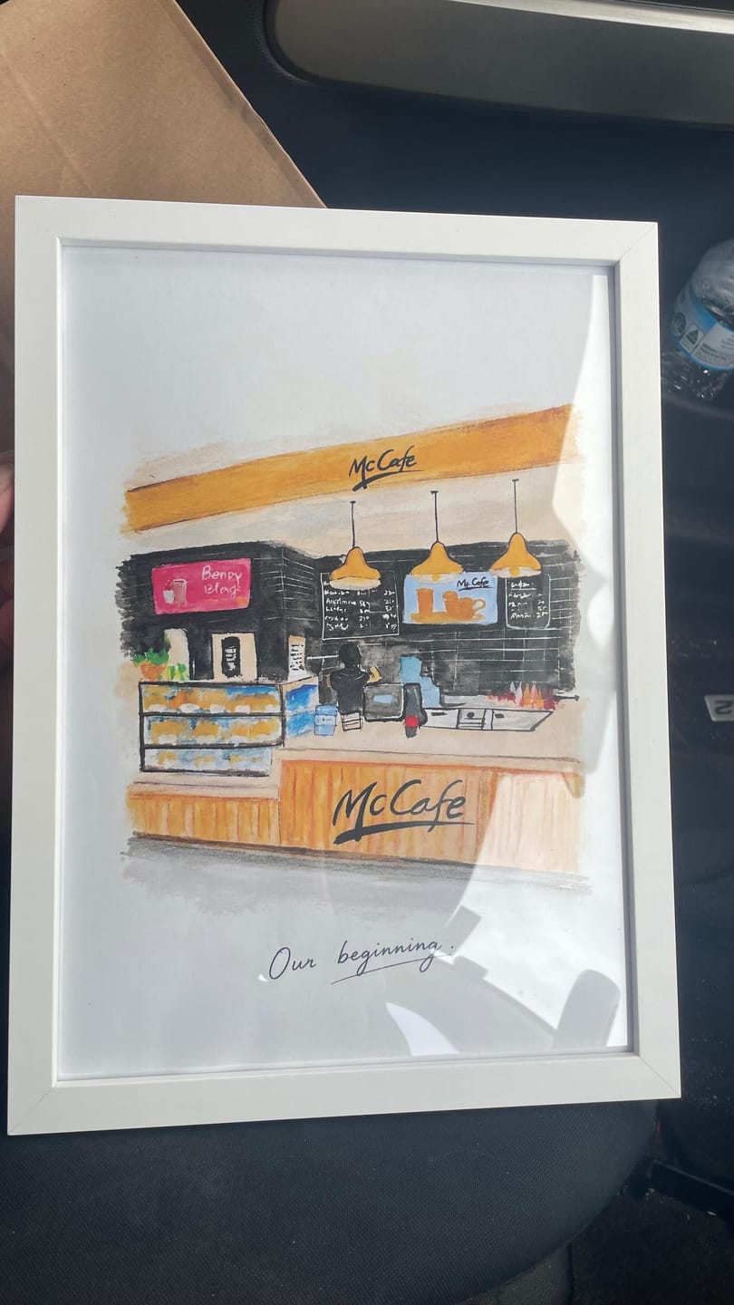 Customer photo review of Your First Date in Watercolor – Custom first date venue potrait