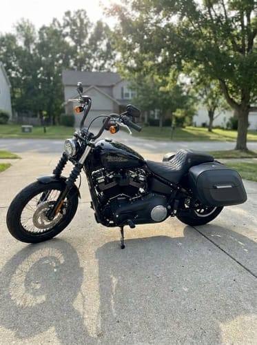 Customer photo review of 40L - Lamellar Raven Extra Large Leather Covered Motorcycle Hard Saddlebags for Harley Softail Street Bob FXBB/S