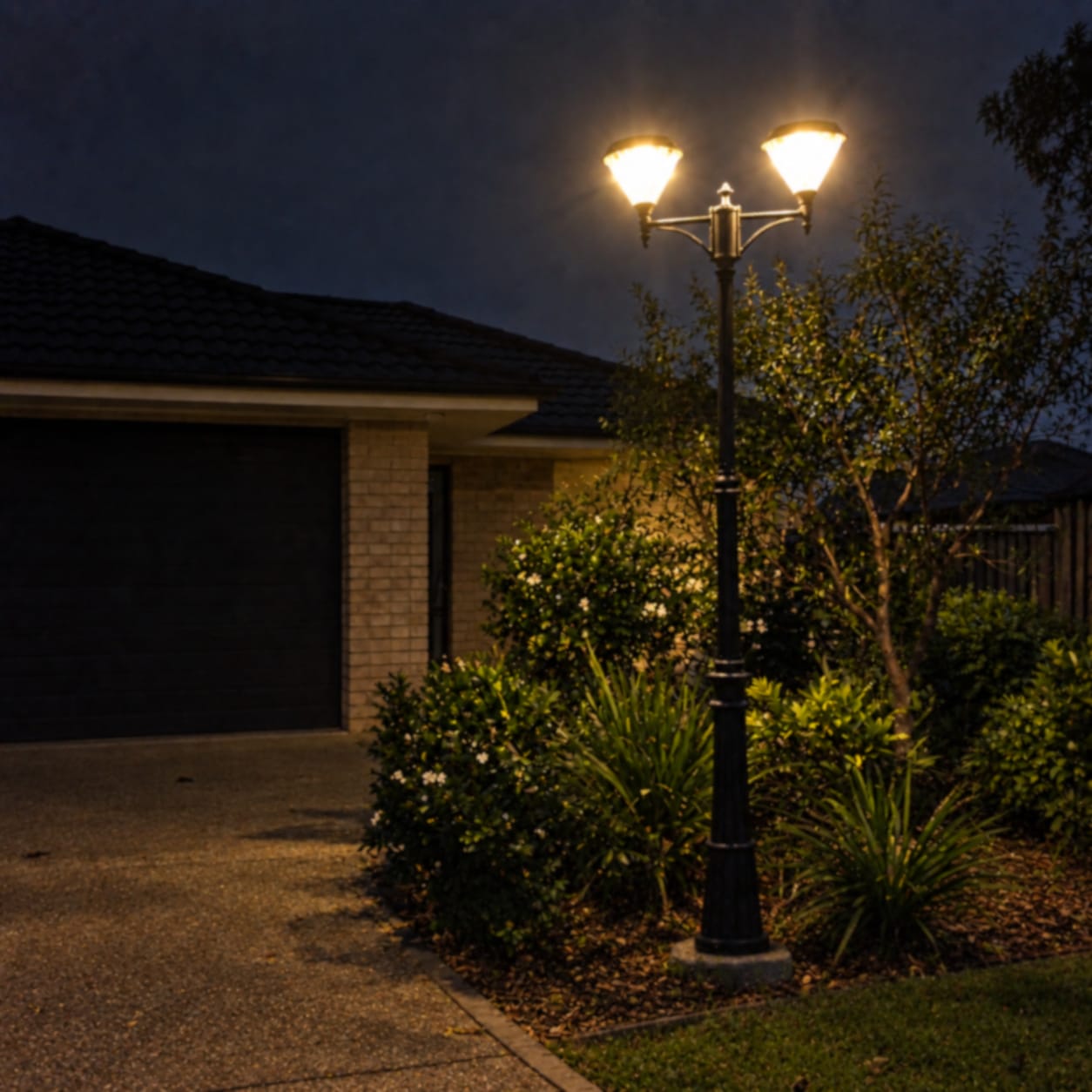 Customer photo review of Double Head Solar Post Light | Matte Black Flat Top | Driveway & Garden