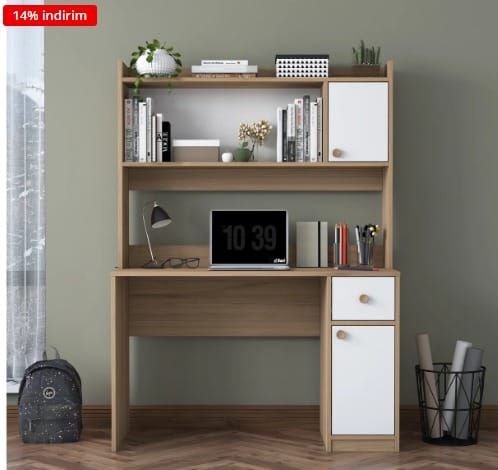 Customer photo review of Rani HA127 Kitaplıklı Raflı 2 Kapaklı 1 Çekmeceli Çalışma Ofis Bilgisayar Masası Sepet Ceviz - Beyaz