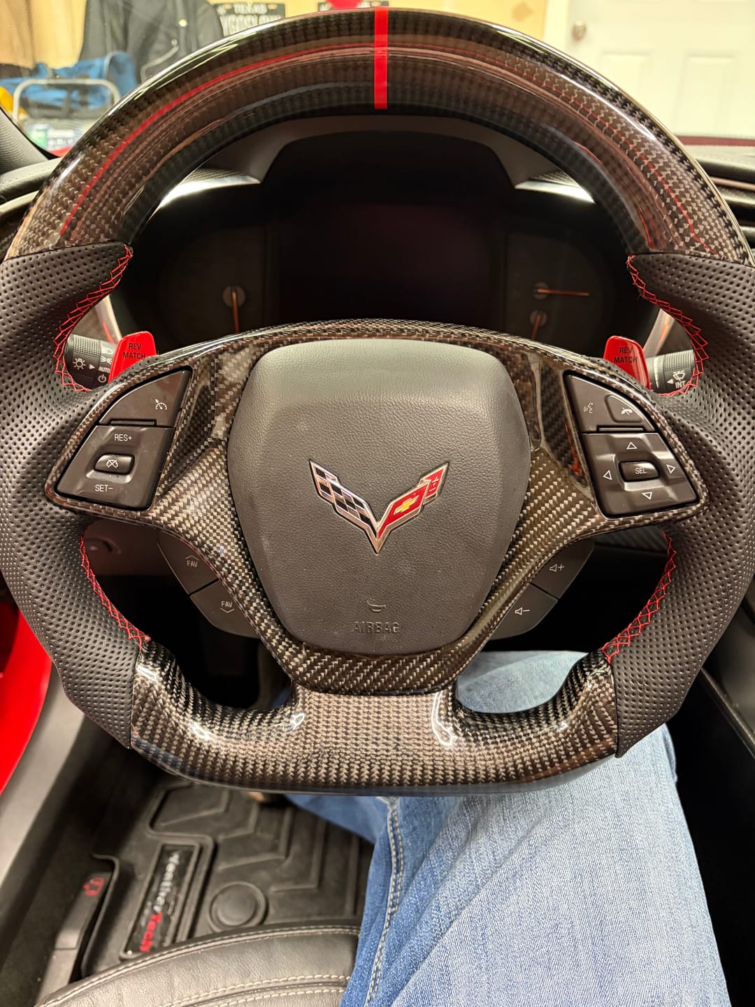 Customer photo review of Chevrolet Corvette C7 Black Leather Red Stitching Carbon Fiber Steering Wheel