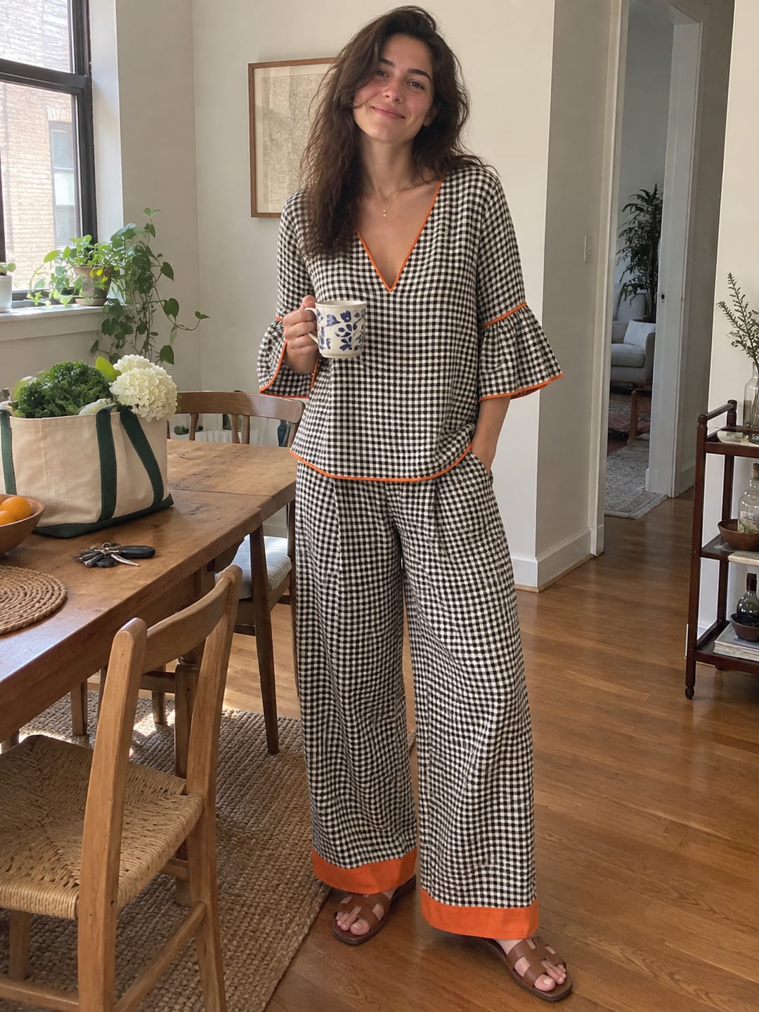 Customer photo review of Split-Joint Plaid Contrast Color Three-quarter Sleeves Flared Sleeves V-neck Blouses&shirts Tops