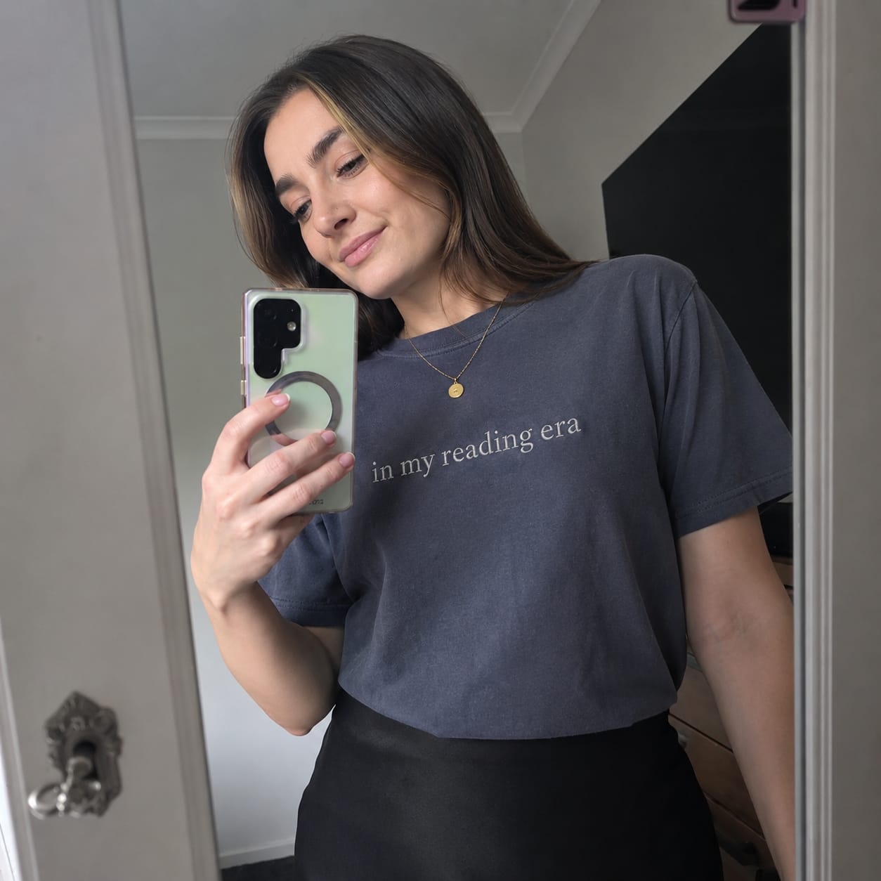 Customer photo review of In My Reading Era Embroidered Comfort Colors T-Shirt | Book Lover Gift