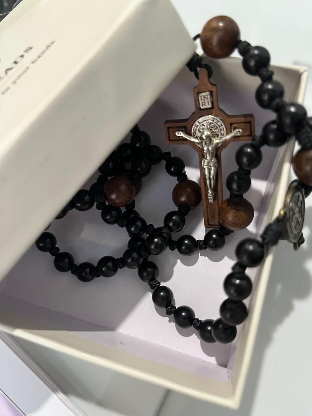 Customer photo review of SolaceBeads Black Sacred Ebony Beads with St. Benedict Centerpiece Rosary