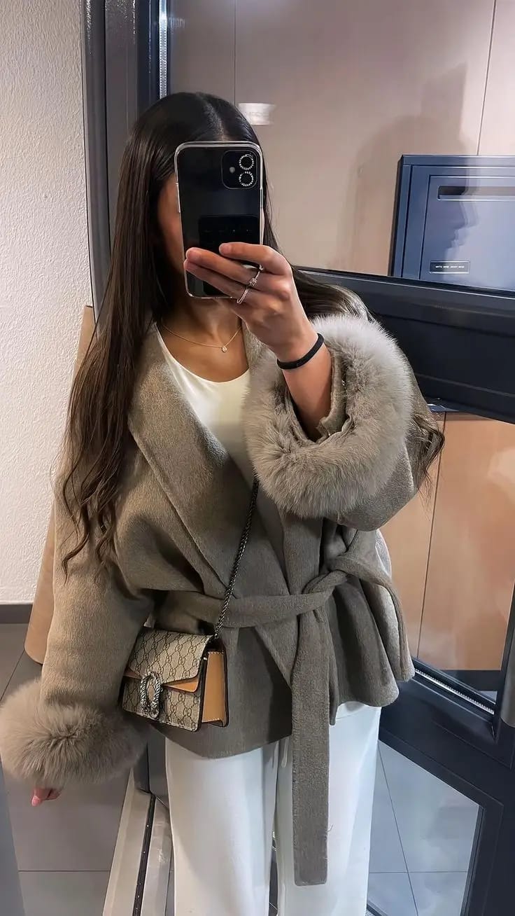 Customer photo review of Natalie Fur Cuff Belted Wrap Coat