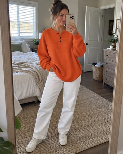 Customer's orange buttoned henley sweatshirt paired with white jeans in a bedroom mirror selfie.