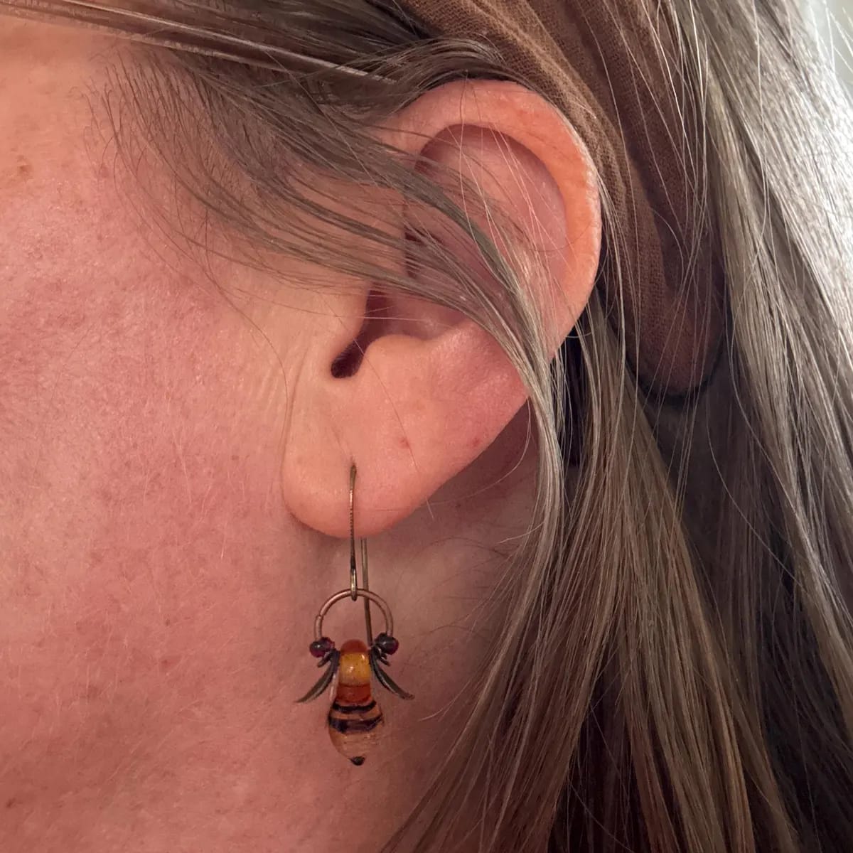 Customer photo review of "Honey Drop" Bee Earrings