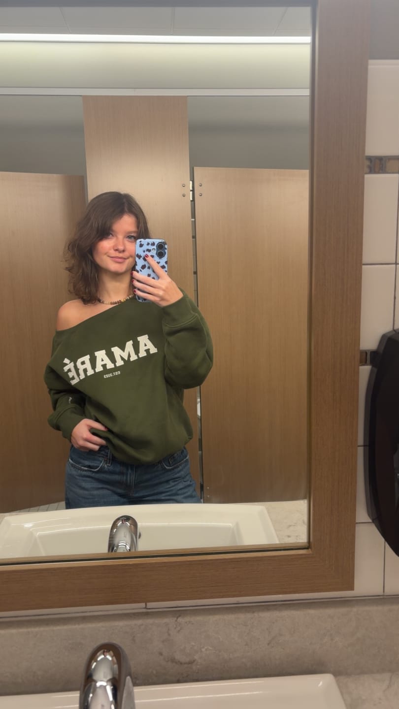 Customer photo review of "Becoming her." off the shoulder crewneck (green)