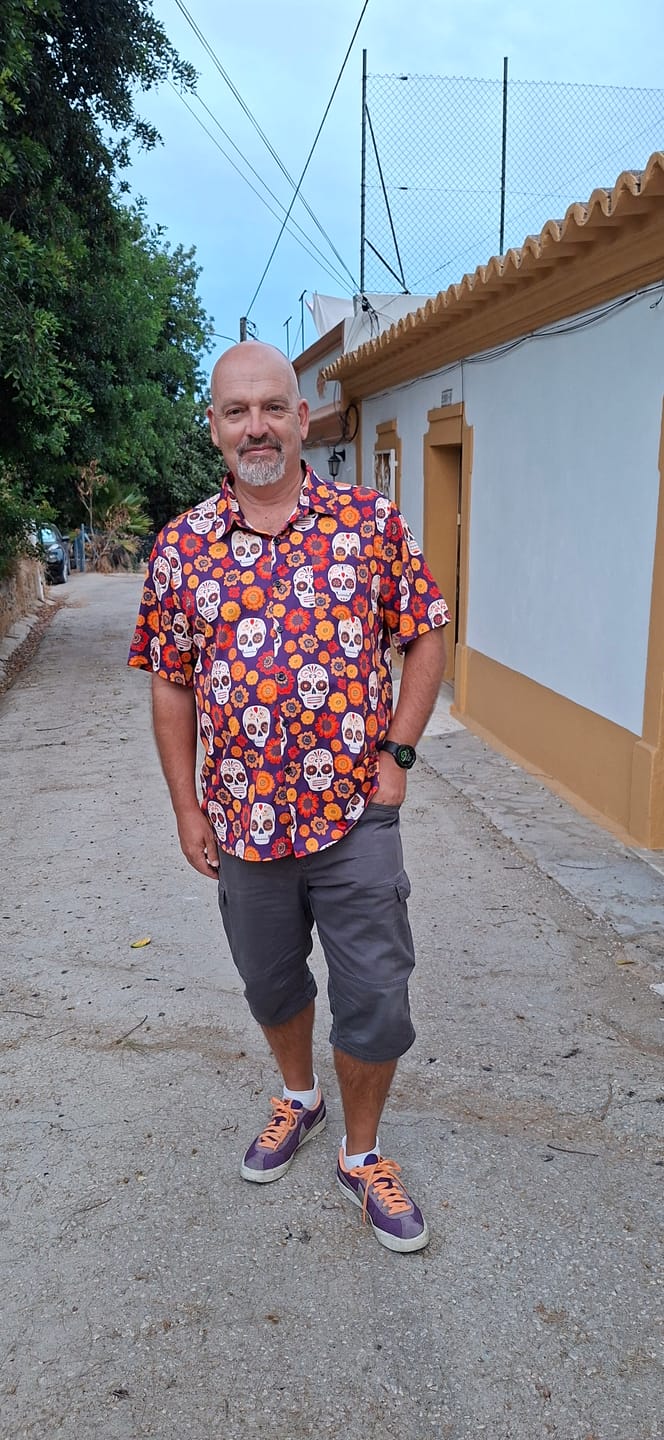 Customer photo review of Men's Skull Punk Rock and Roll 70s Vintage Hawaiian Shirt
