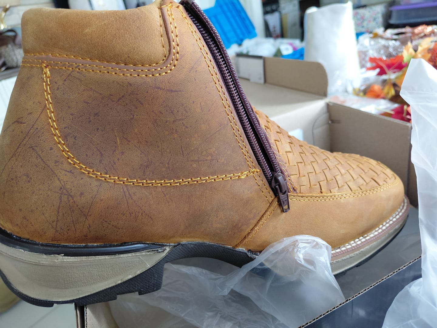 Customer photo review of Dusty Honey Basketweave Leather Botin With 3D Lightweight Soles - Square Toe