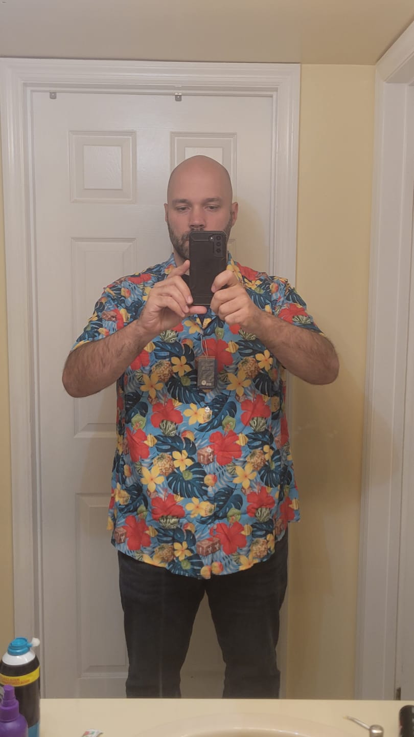 Customer photo review of Tropical Fruit Dice Dnd Button Up Shirt
