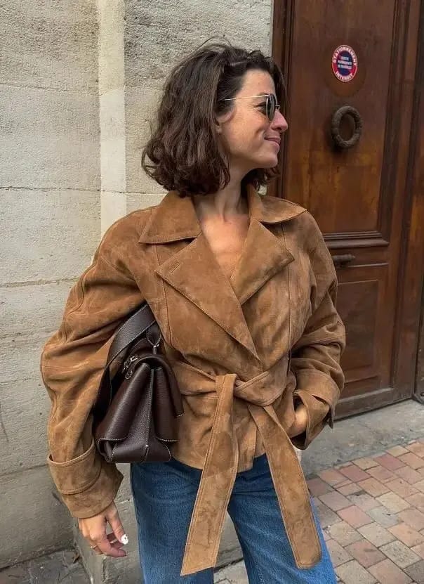 Customer photo review of Ruth Faux Suede Belted Wrap Jacket