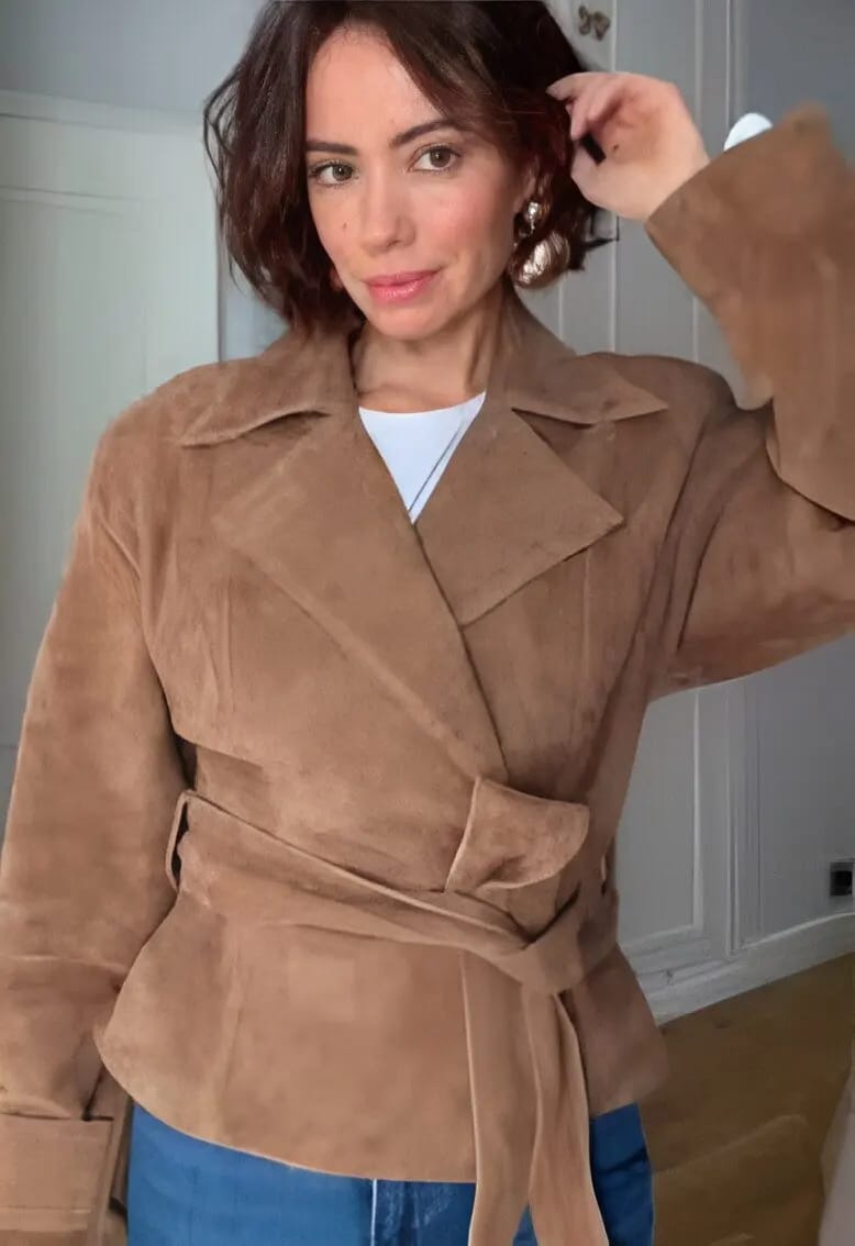 Customer photo review of Ruth Faux Suede Belted Wrap Jacket