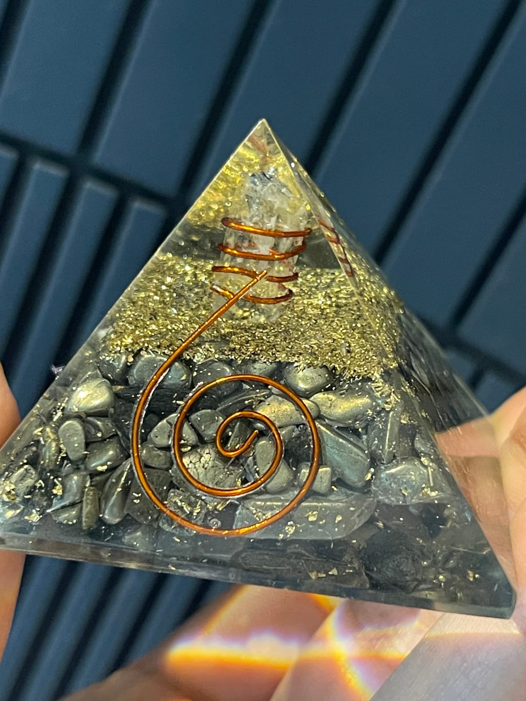 Customer photo review of Pyrite Copper Coil Orgone Pyramid Vastu Remedy for Wealth Magnetism, Money Protection and Prosperity Support for Home, Office and Business Spaces | 6.5 cm | 150 g
