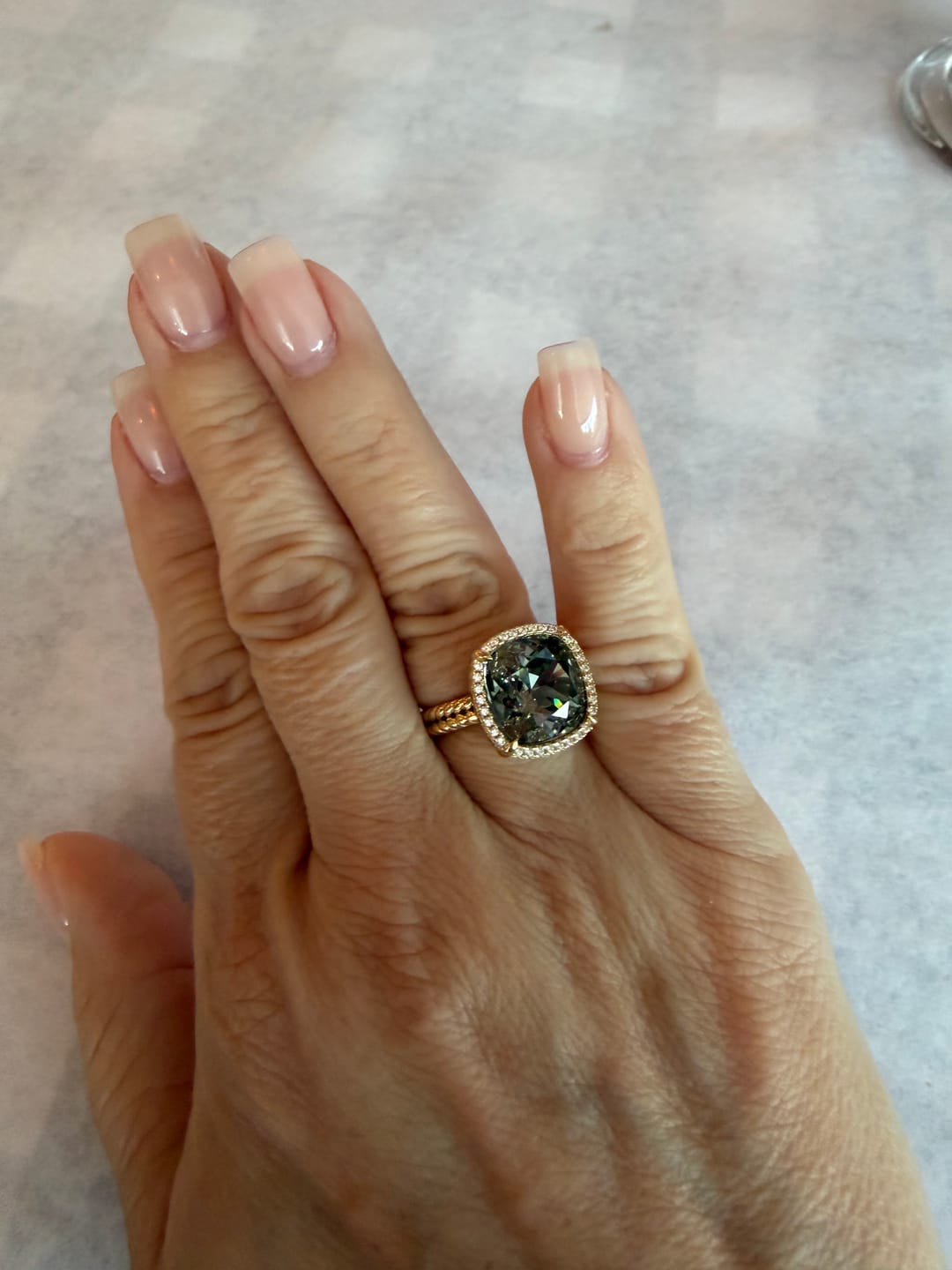 Customer photo review of Created With Swarovski® Crystals - Cushion Modified Brilliant Cut Black Diamond Color Halo Classic Engagement Ring 14K Yellow Gold Plated