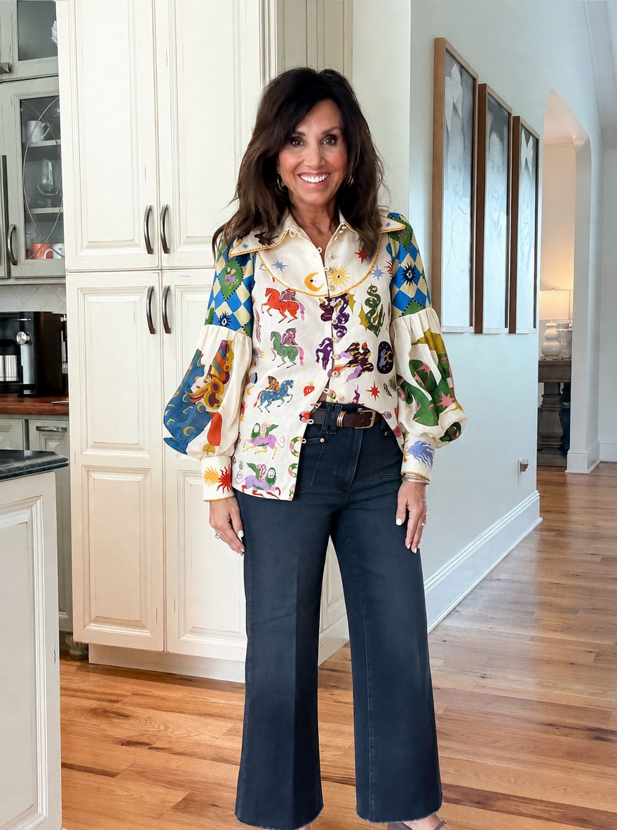 Customer photo review of Printed Contrast Color Buttoned Puff Sleeves Long Sleeves Lapel Blouses&shirts Tops
