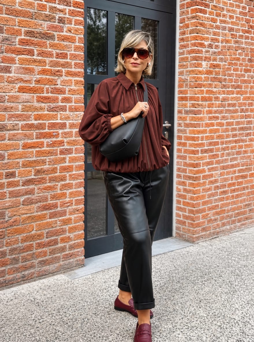 Customer photo review of Zipper Solid Color Pleated Puff Sleeves Loose Lapel Outerwear