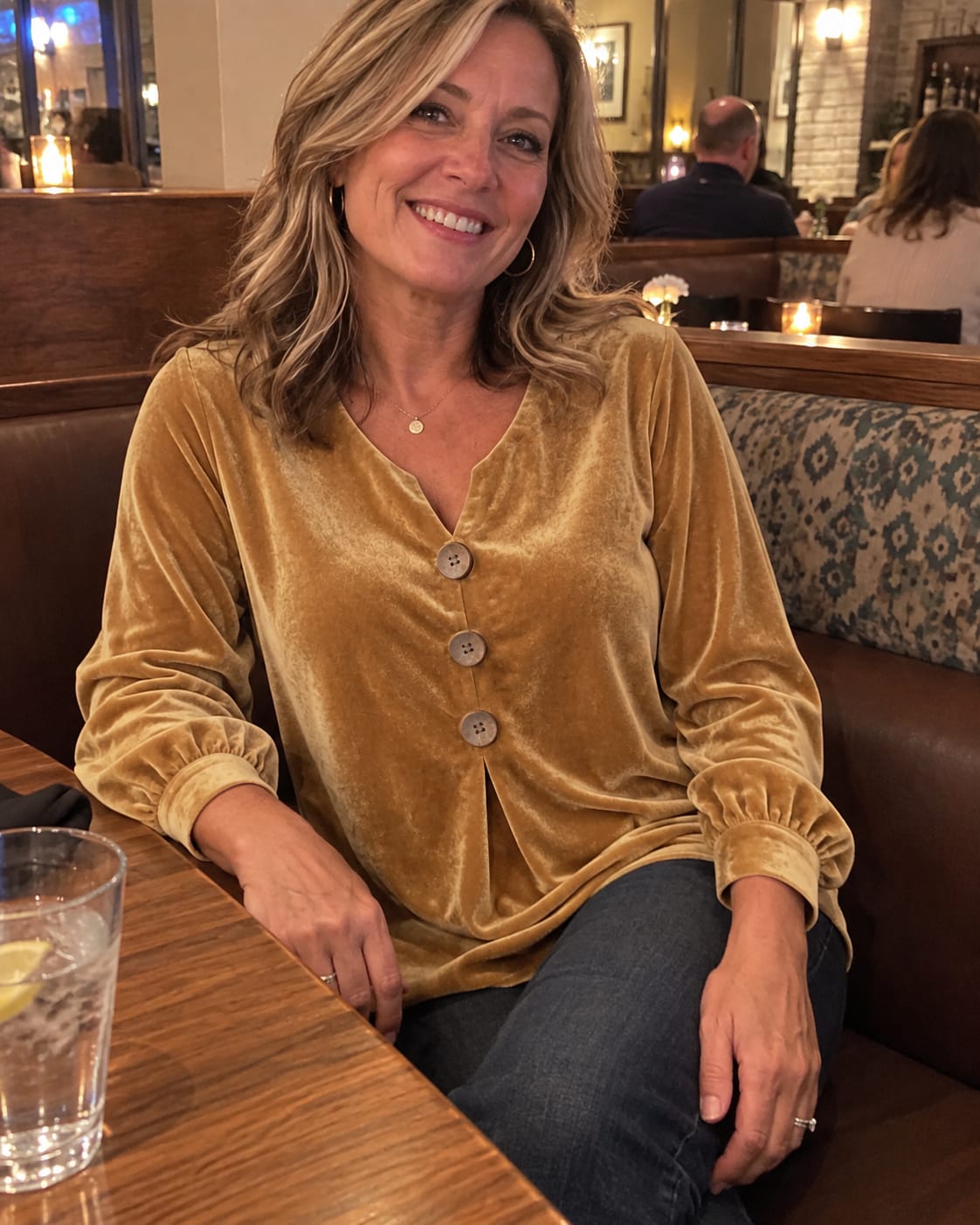 Customer photo review of Velvet Solid Color Pleated Buttoned Loose Long Sleeves V-neck T-Shirts Tops
